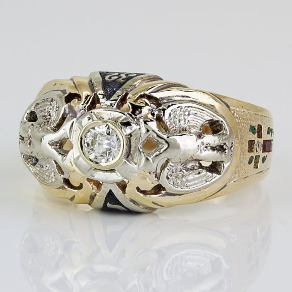 Vintage 11k Yellow Gold Two-Headed Eagle 32nd Degree Freemason Diamond Ring - Picture 2 of 9